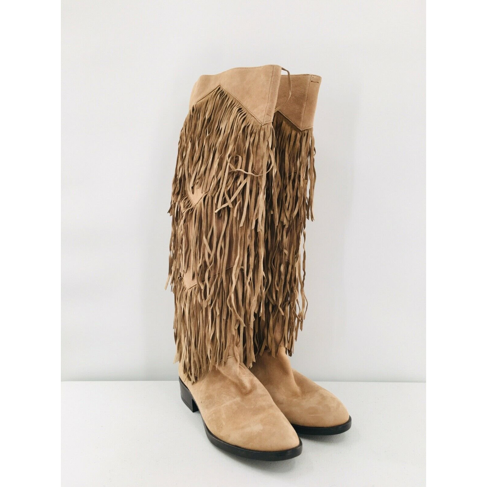 Sam Edelman Pendra Oatmeal Suede Leather Fringe Fashion Tall Boots Western 8